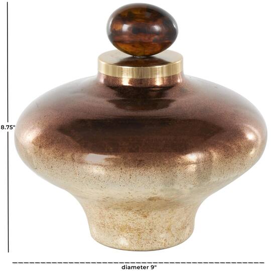 8.75" Beige, Gold & Copper Glass Wide Speckled Ombre Decorative Jar with Oval Top Knob